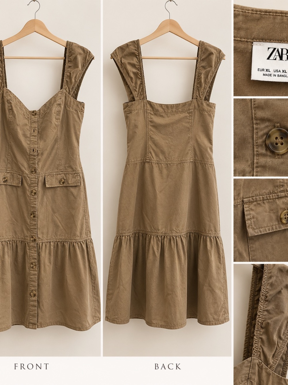 Zara Khaki Button-Front Mini Dress with Flap Pockets